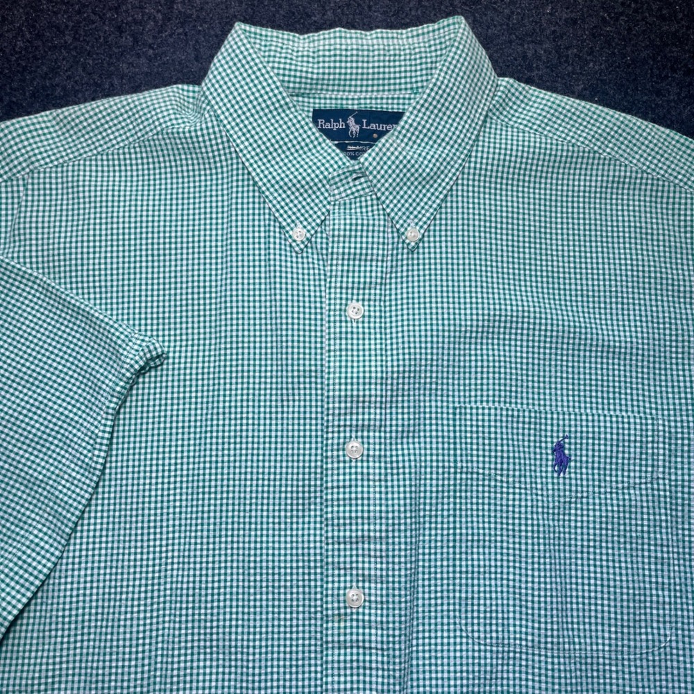 Ralph Lauren Blaire Shirt Mens‎ XL Green Gingham Short Sleeve Cotton